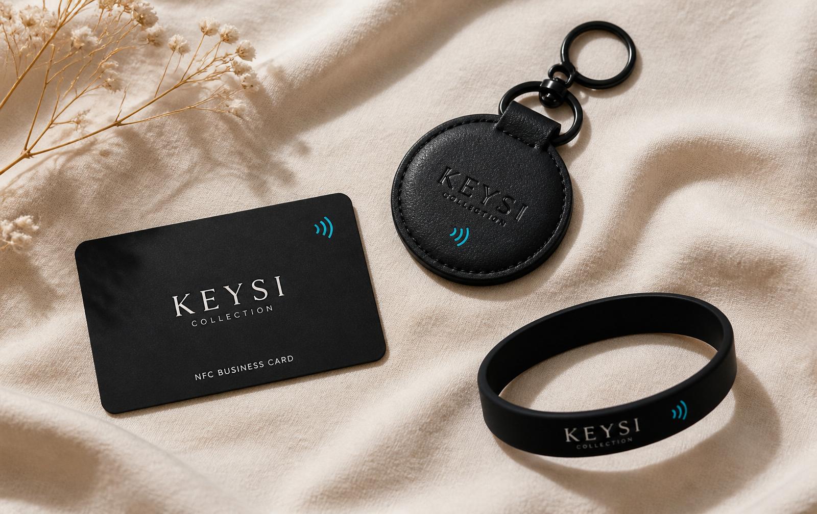 Coleção de produtos KEYSI: cartão, chaveiro, pulseira